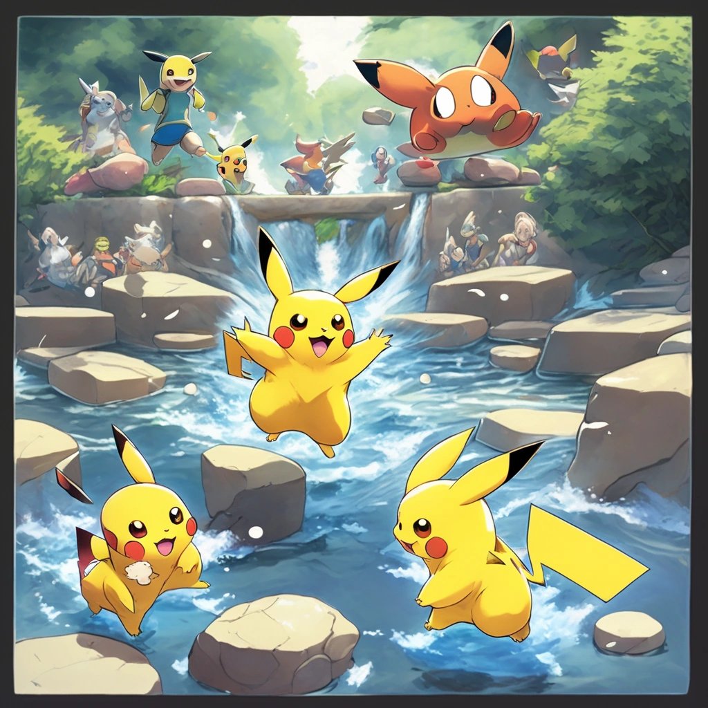 Pikachu crossing the river