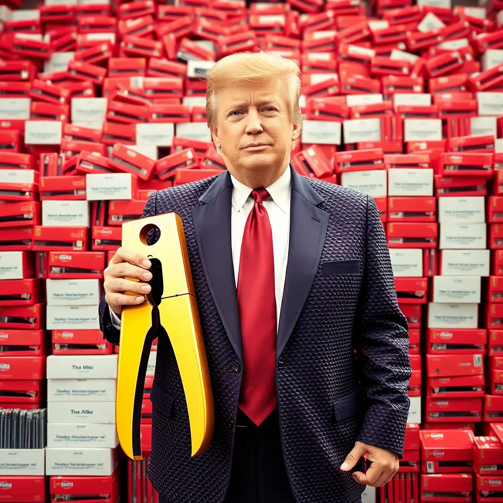 Donald Trump standing in front of a mountain of red staplers and boxes of pens, wearing a suit made of bubble wrap, holding a giant golden hole puncher, triumphant expression