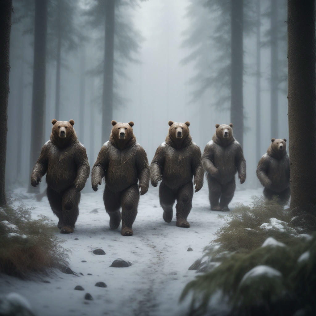 A group of brown bears, dressed in camouflage, marching through a misty forest, with a hint of snow in the background, hyper-realistic, 4k, dramatic lighting, sharp focus, trending on cgsociety