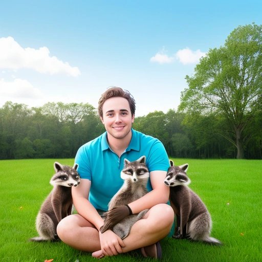 Michael surrounded by the raccoons