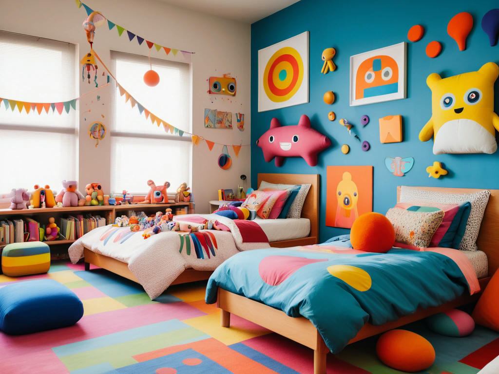 a child's bedroom with pillow people on the bed, colorful and playful designs, toys scattered around, and a cheerful atmosphere