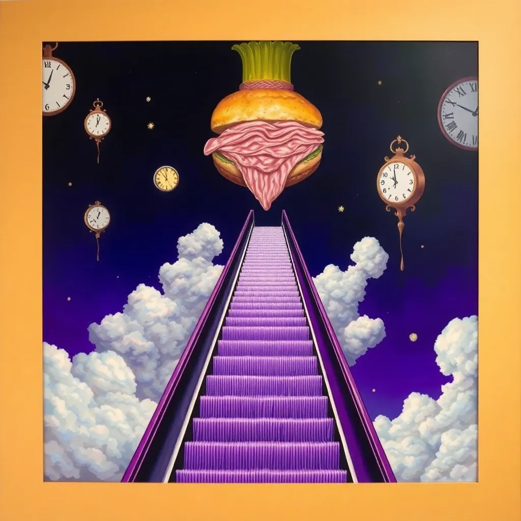A surrealist painting of a purple escalator ascending into a giant ham sandwich in the clouds, Salvador Dali style, melting clocks in the background