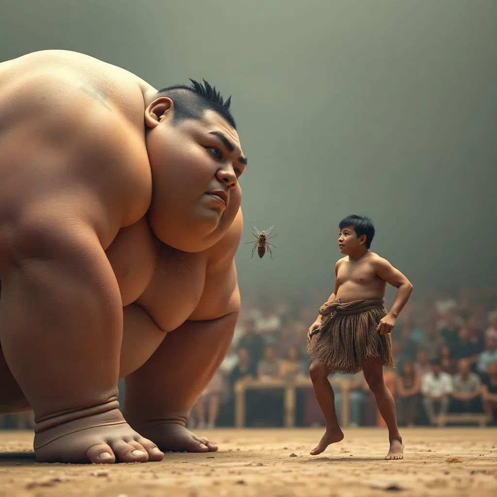 A sumo match where a giant wrestler is looking around confused while a tiny man floats near his ear like a mosquito, wearing a tiny loincloth