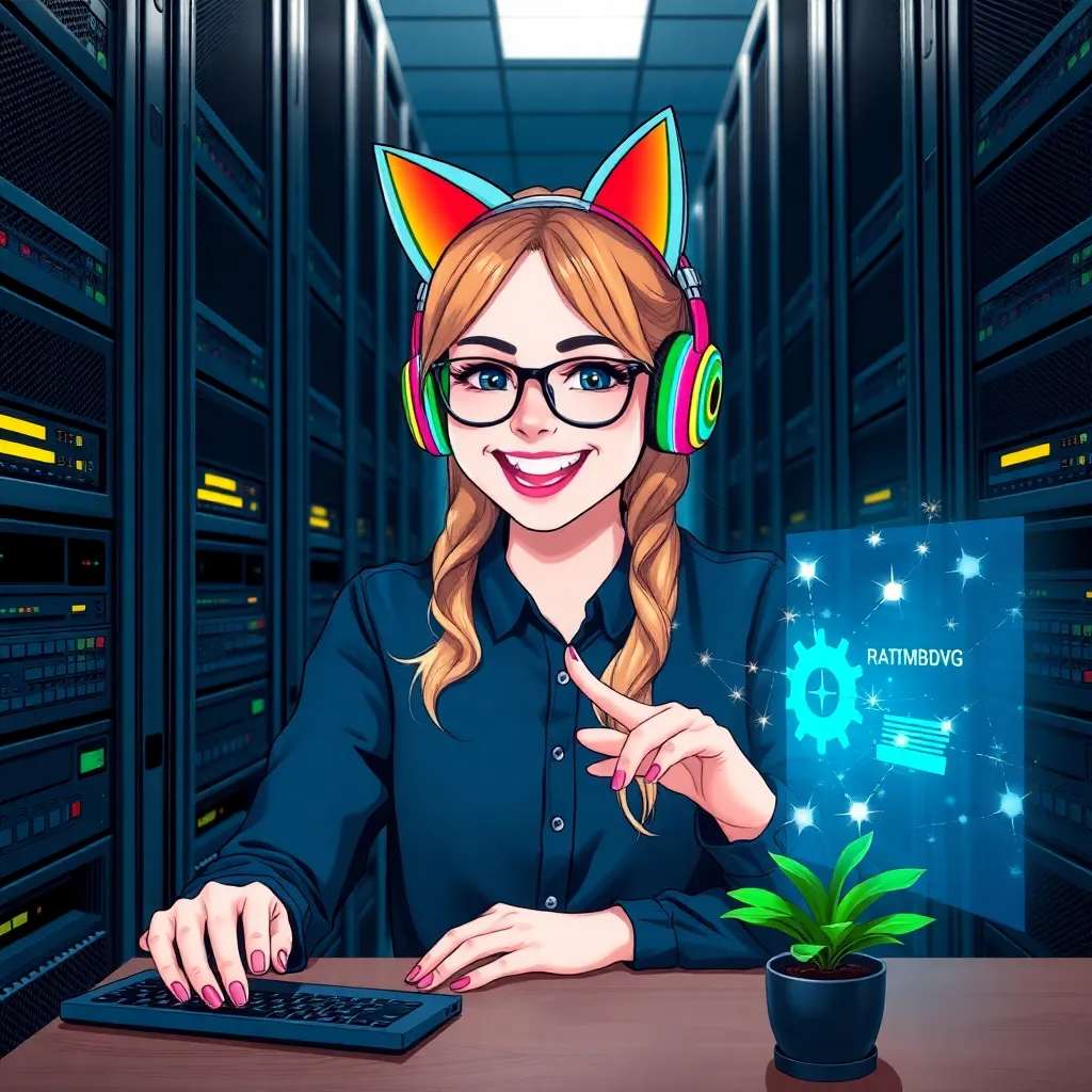 A smiling femboy IT professional surrounded by towering server racks, wearing rainbow cat-ear headphones and debugging a holographic interface with rainbow sparkles emanating from their fingertips, a tiny potted fern on the desk