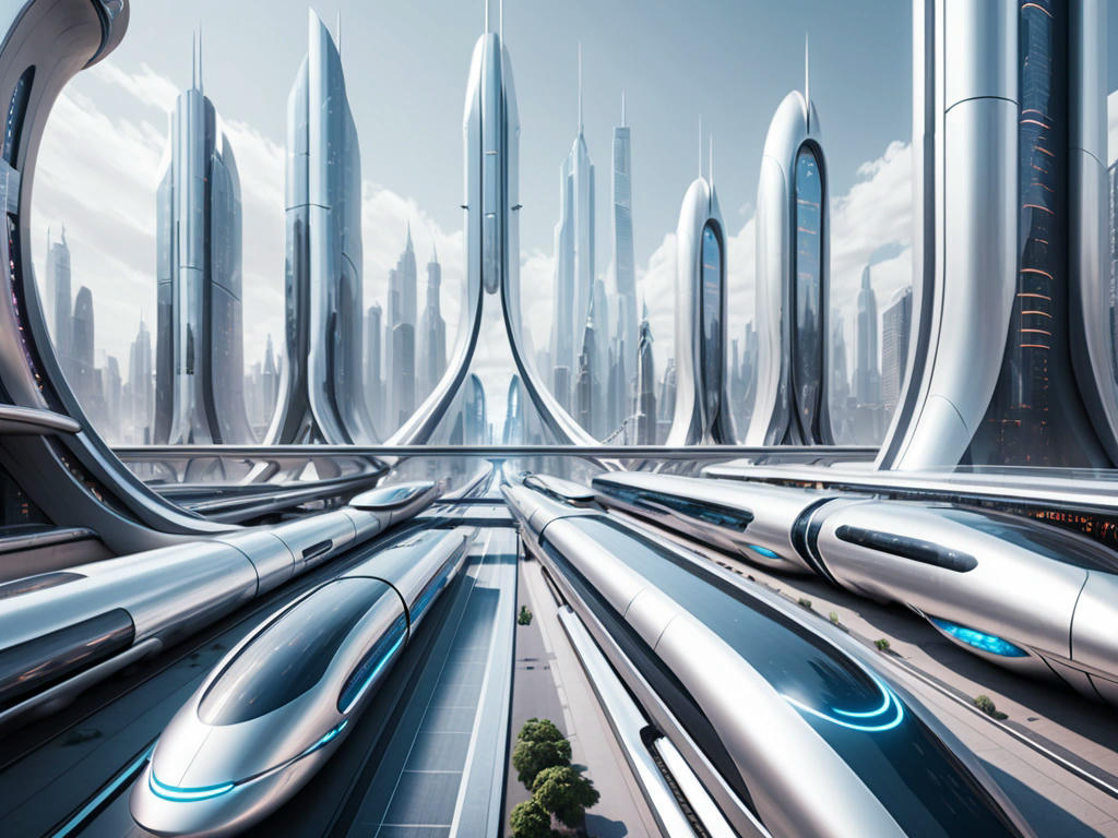 a futuristic cityscape with sleek, silver buildings and advanced transportation systems, including magnetic levitation trains and hyperloops