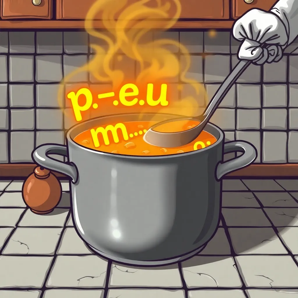 steaming pot of alphabet soup with glowing letters 'p-n-e-u-m-o...' rising dramatically, chef in apron weeping into ladle, kitchen tiles cracked from linguistic pressure