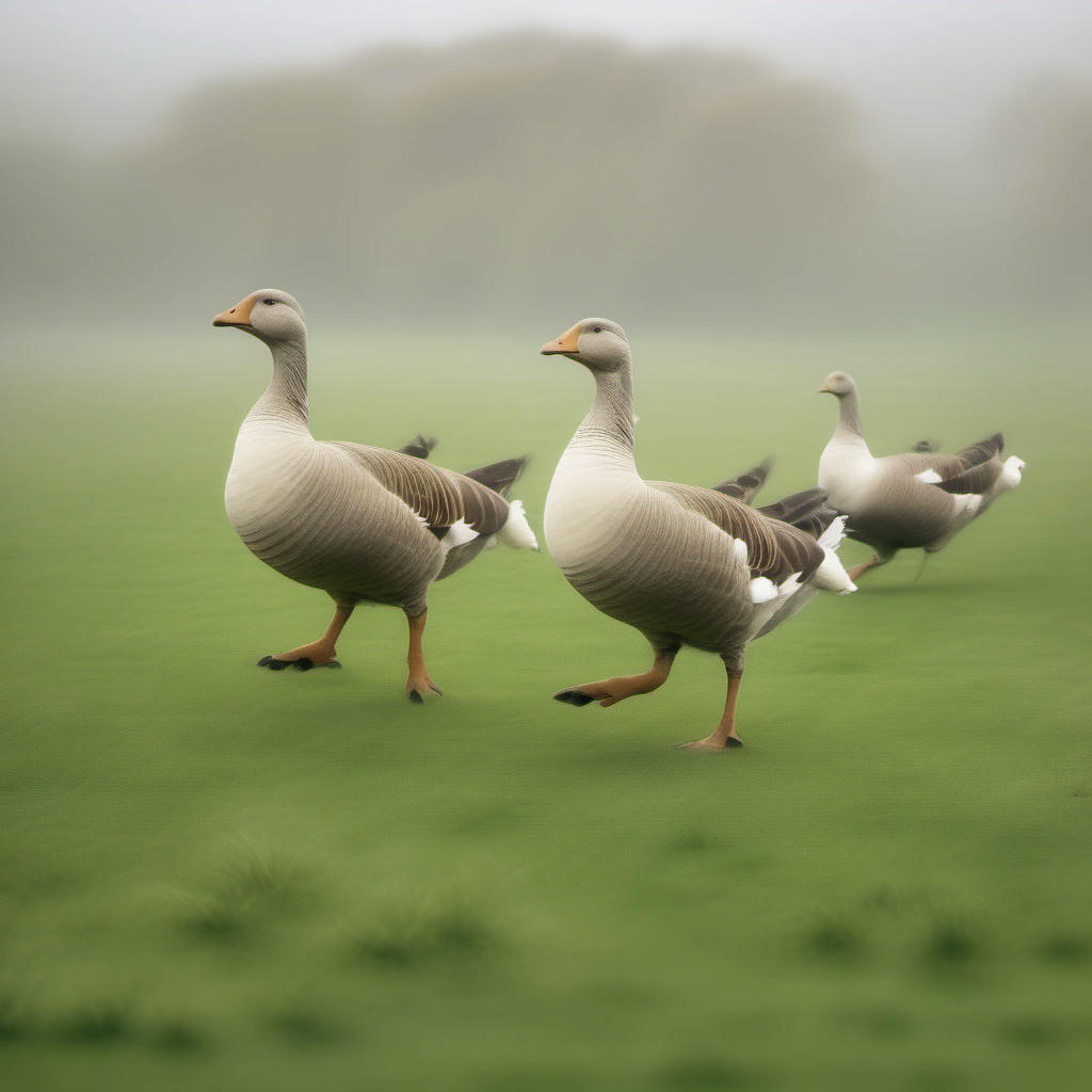 Geese in formation, marching in synchronized steps.