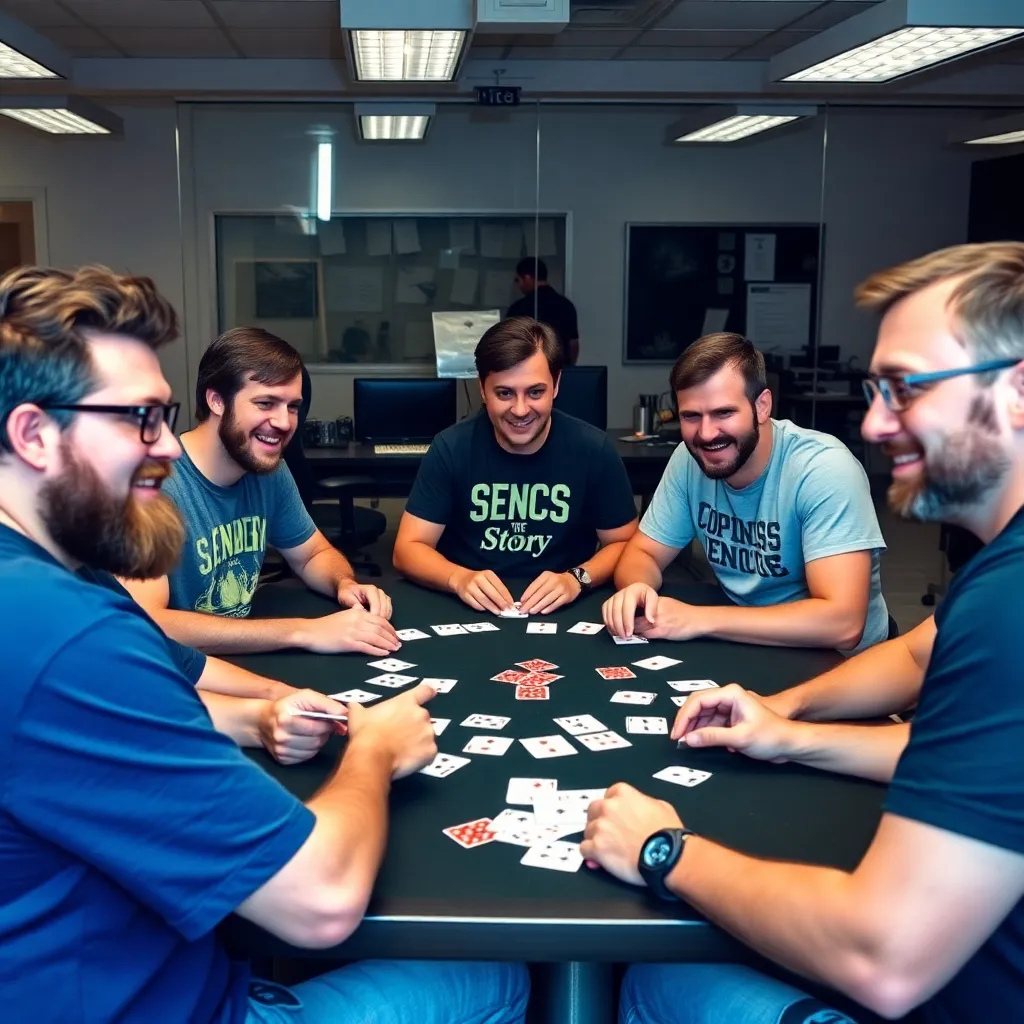 a group of developers playing poker in an office, surrounded by story cards and T-shirts
