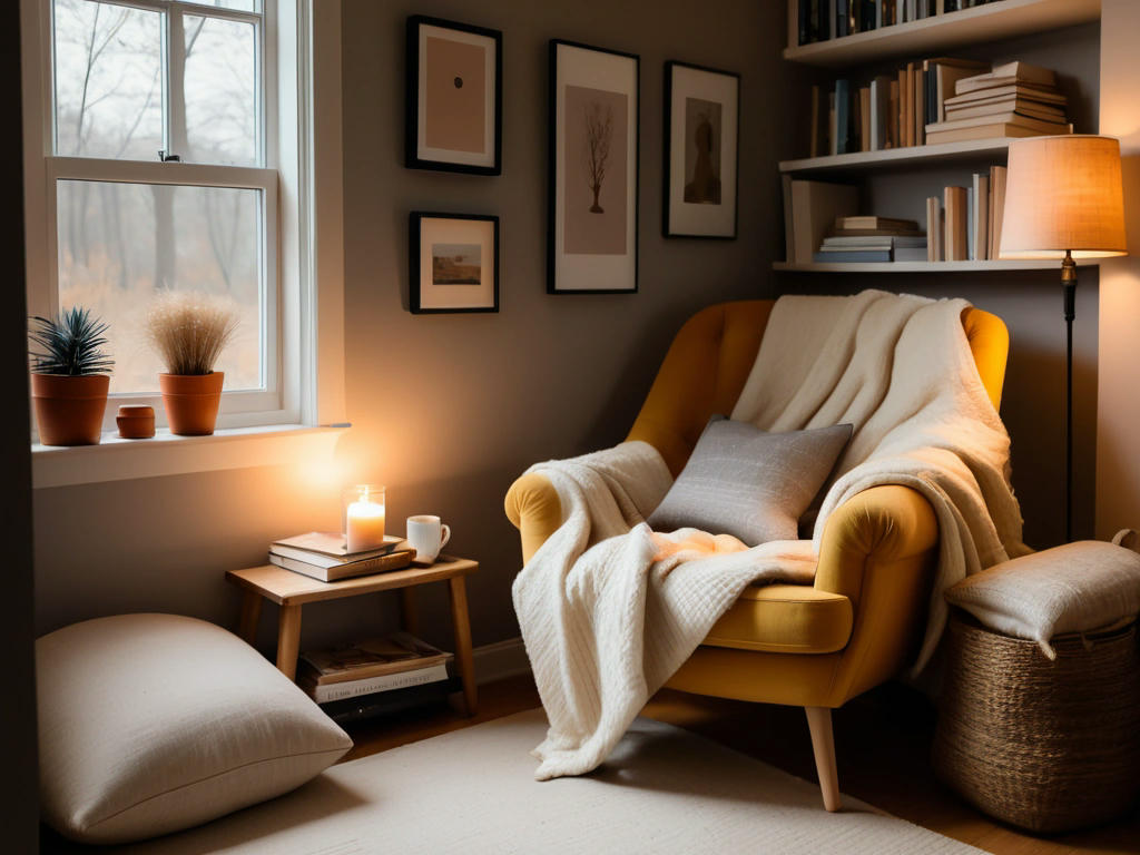 a cozy reading nook with a chair, a blanket, and a few pillow people, creating a warm and inviting atmosphere