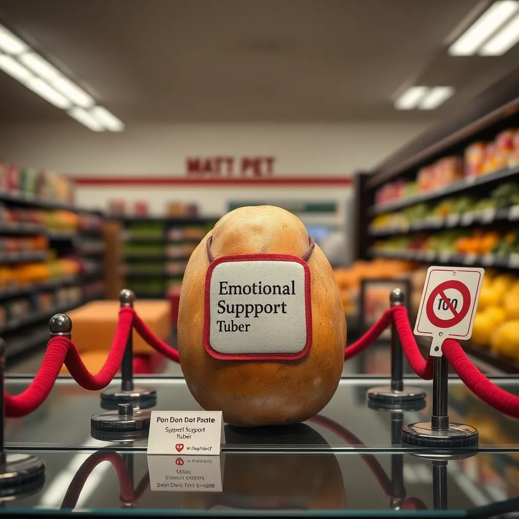 A solemn display counter in a supermarket with a single, perfectly polished russet potato wearing a tiny 'Emotional Support Tuber' vest, surrounded by velvet ropes and a 'Do Not Pet' sign. Soft spotlight, sterile background