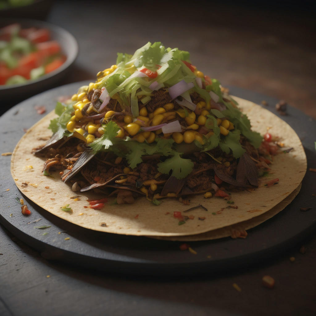 A close-up shot of a cricket-based taco, with a crispy corn tortilla, topped with crickets, slaw, salsa, and cilantro, high-quality, detailed, photorealistic, 4k, cinematic lighting, concept art by Ian McQue