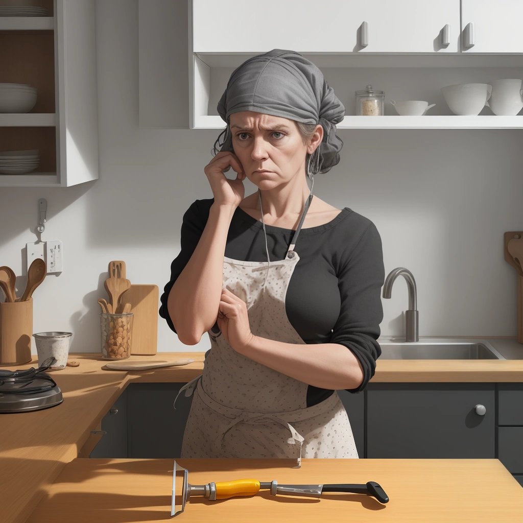 Karen Thompson contemplating kitchen drawer problem