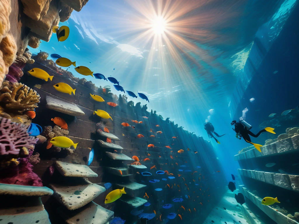 divers exploring the underwater Wailing Wall, surrounded by colorful fish and coral, with sunlight filtering through the water