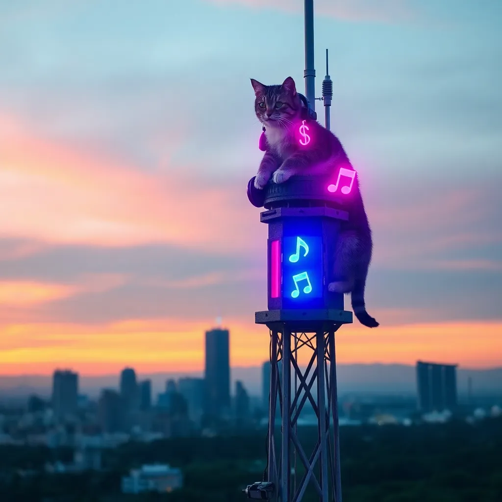 old radio tower with musical notes and hacker symbols glowing in neon colors, Singapore skyline at sunset, a cat wearing tiny headphones on the tower