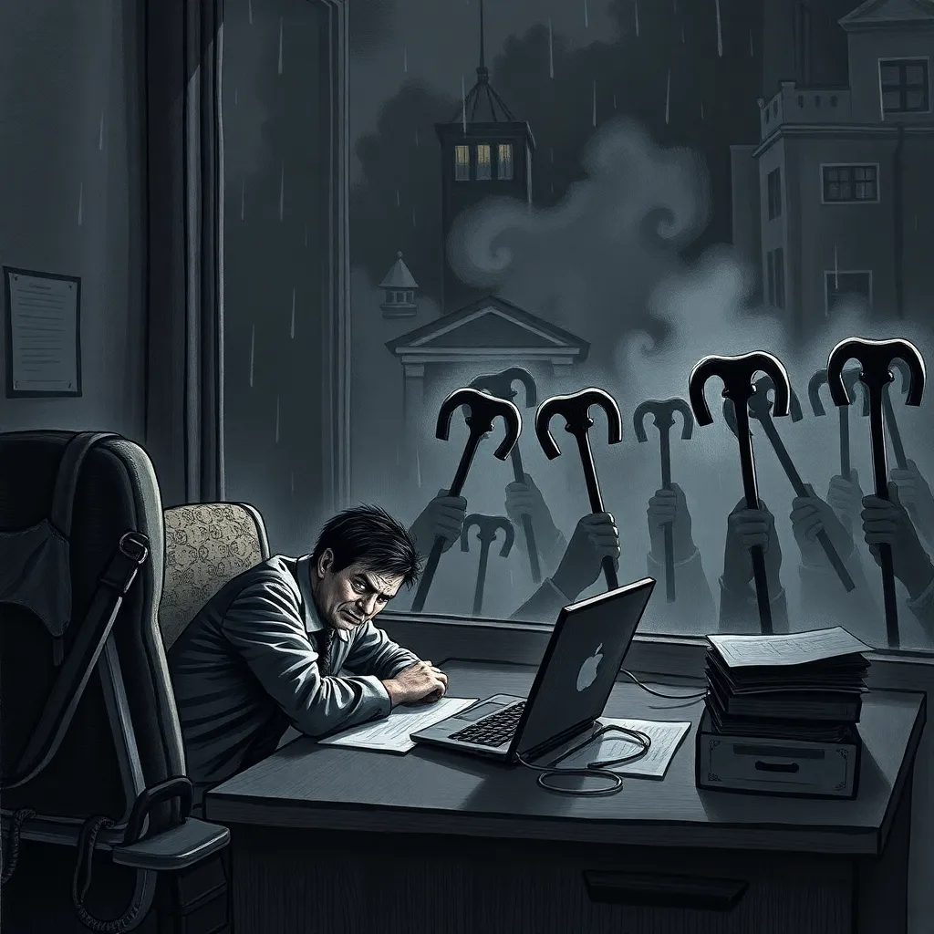 Terrified journalist hiding under desk as semicolons form a menacing mob outside office window, holding pitchforks made of quotation marks, stormy night