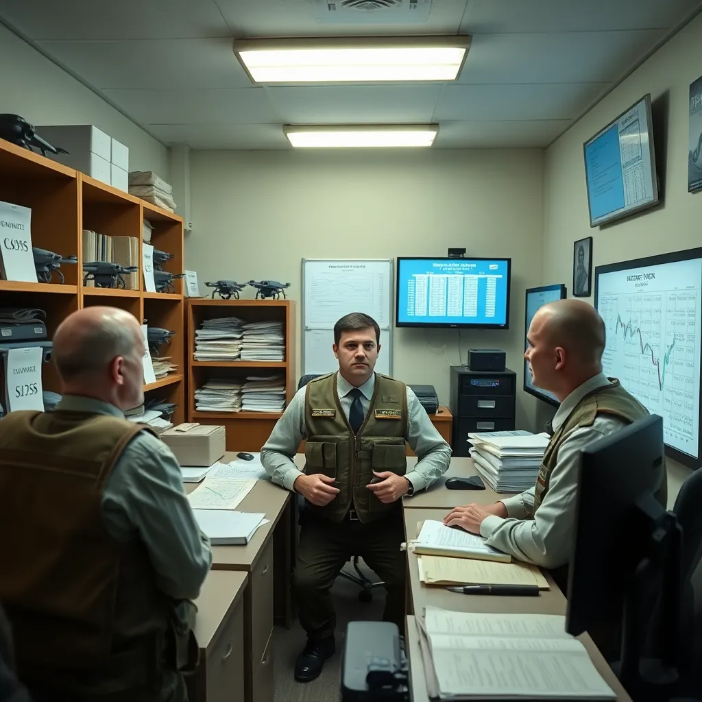 a surreal military accounting office in wartime Ukraine, serious accountants in tactical vests reviewing charts showing negative interception costs, drone fragments neatly sorted on shelves, spreadsheets glowing on screens, patriotic but grounded atmosphere, absurd realism, detailed interior, fluorescent light