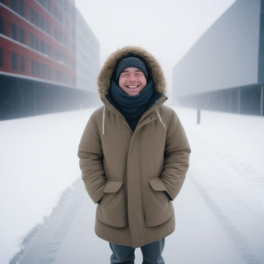 A person in a warm winter coat, smiling and enjoying the cold weather.