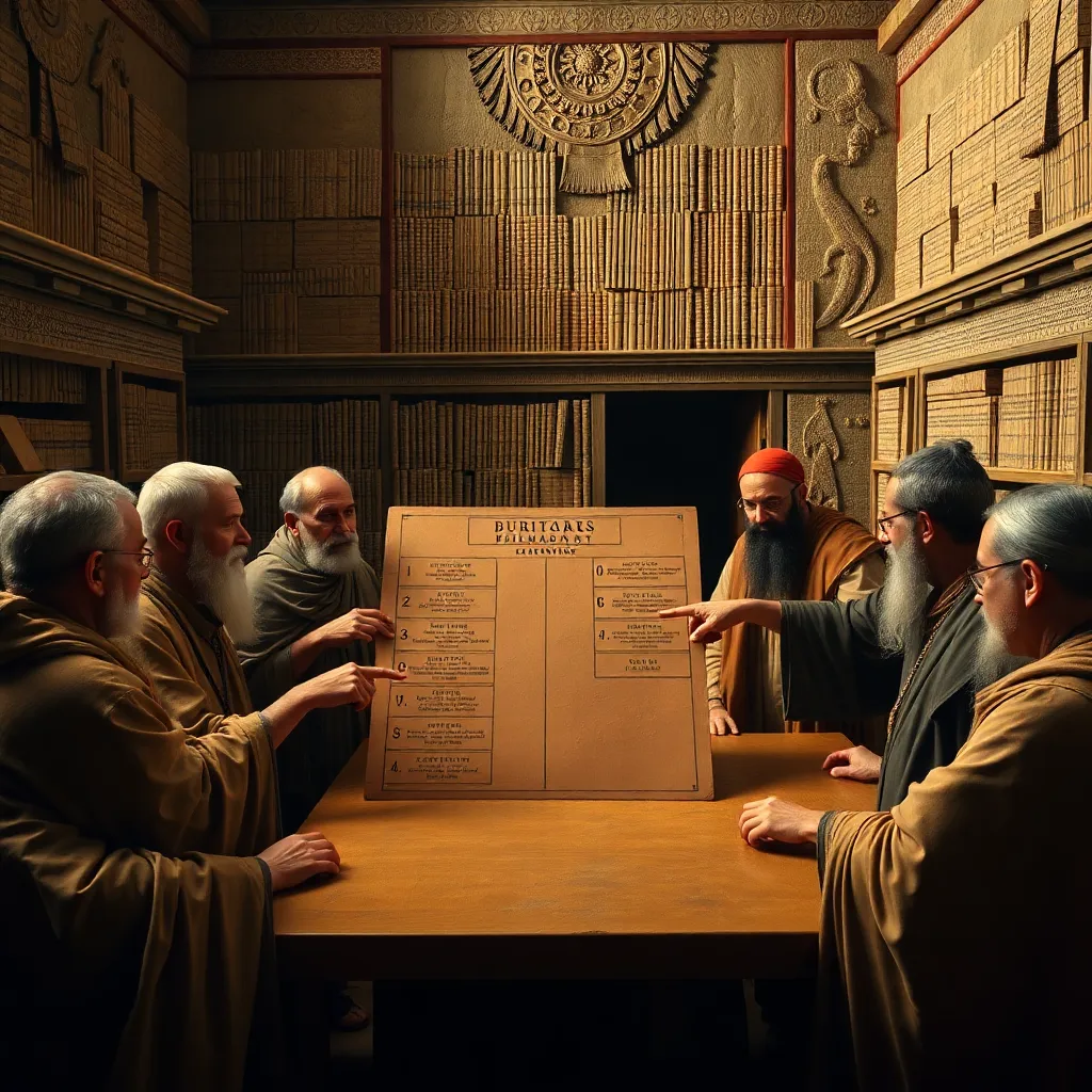 ancient Babylonian officials around a large clay tablet marked with bureaucratic categories, arguing intensely while one points at shelves of endless records, humorous yet majestic Mesopotamian government chamber, rich textures, cinematic lighting