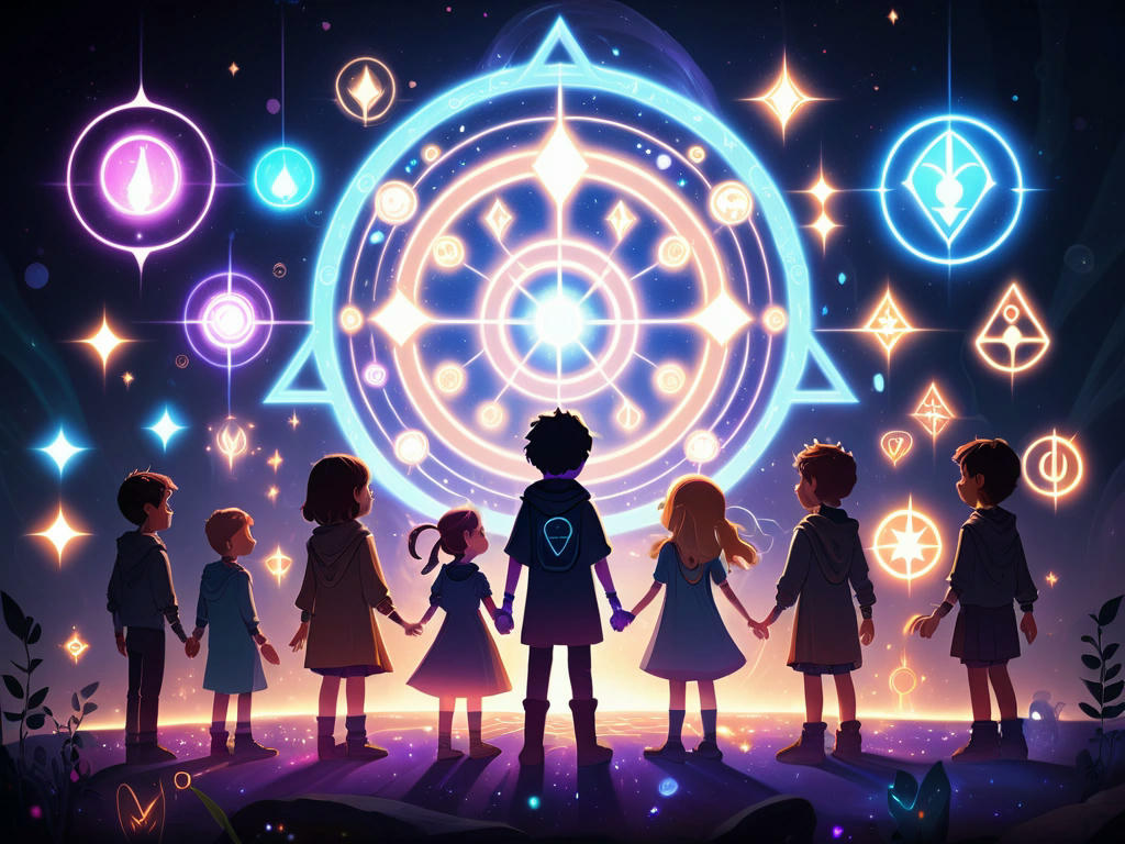 a group of friends and children from the alternate dimension working together, surrounded by glowing symbols and magical energy