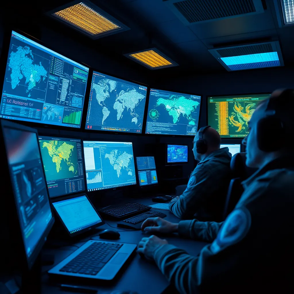 inside a military electronic warfare command post, Ukrainian cyber specialists monitoring screens full of drone telemetry, maps, signal graphs and code, intense focused atmosphere, blue and amber monitor glow, modern equipment, realistic cinematic detail