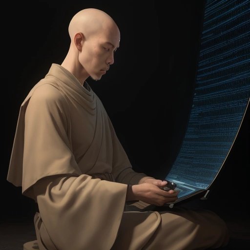 Contemplative monk surrounded by Python code