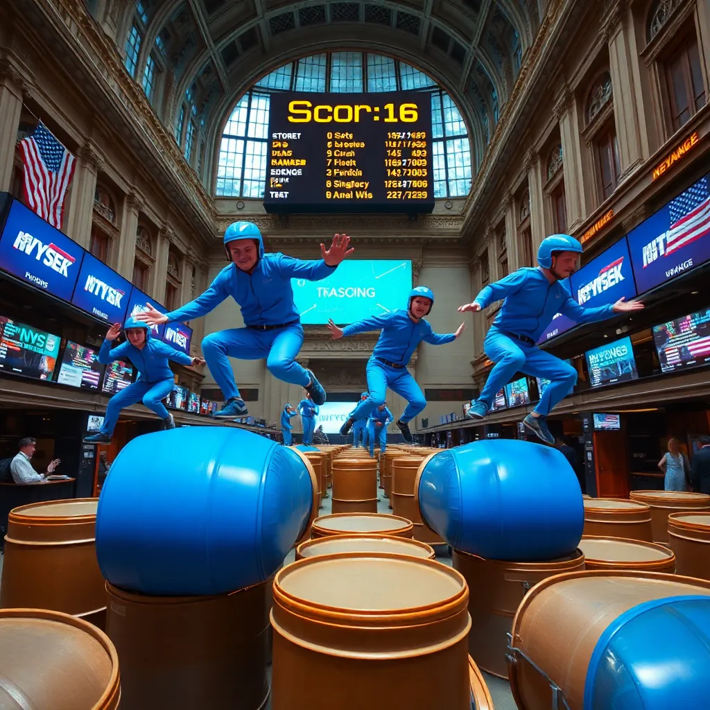 The New York Stock Exchange floor filled with traders wearing bright blue spandex suits and helmets, jumping over giant pixelated barrels while a scoreboard in the sky tracks their 'Score' instead of stock prices.