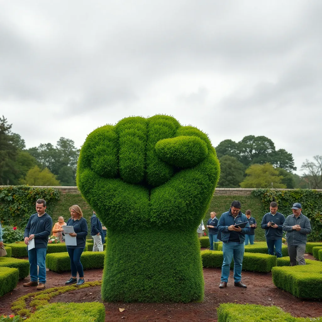 A meticulously sculpted hedge shaped like a tiny raised fist, surrounded by confused gardeners holding shears and clipboards, under a drizzly grey sky