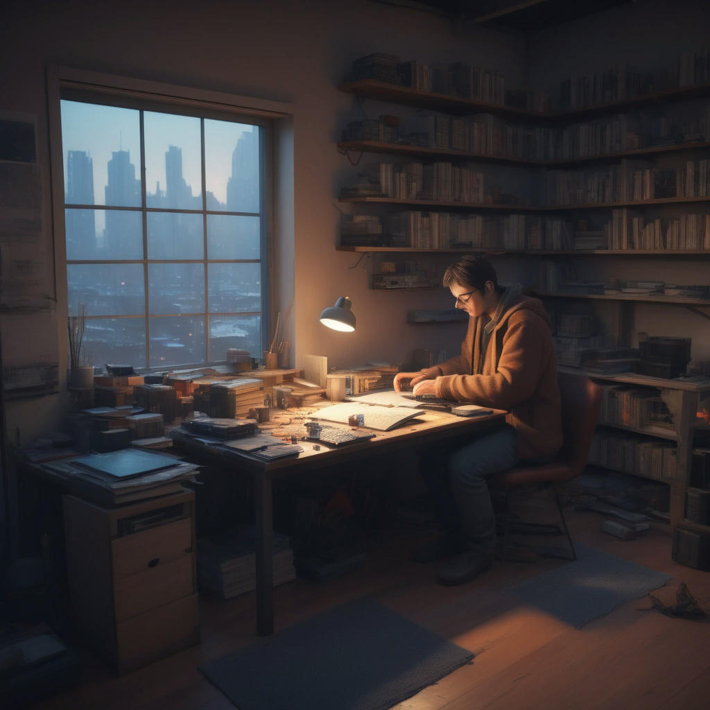 A programmer working on a Raku project, surrounded by coding books and laptops, a cityscape outside the window, warm and cozy lighting, 4k, cinematic, concept art by Simon Stalenhag