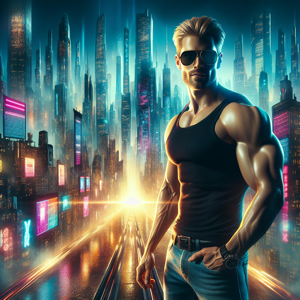 Duke Nukem standing in front of a massive, sprawling cityscape, with towering skyscrapers and neon lights reflecting off the wet pavement, looking out at the player with a confident smirk, high contrast, vibrant colors, cinematic lighting, 4k resolution, concept art by Syd Mead