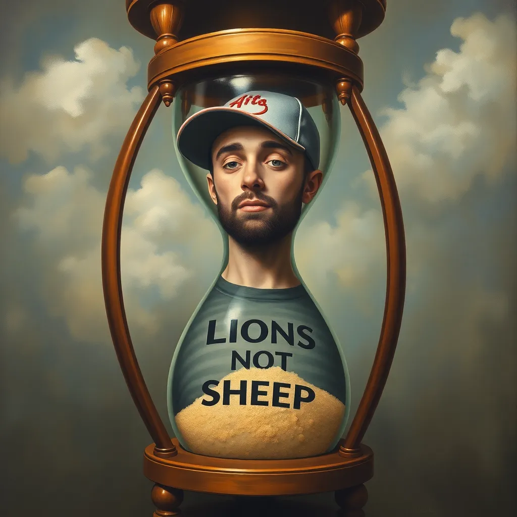 An oil painting of a man wearing a backwards baseball cap and a t-shirt that says 'Lions Not Sheep', trapped inside a giant hourglass where the sand is actually tiny unread notifications, baroque style