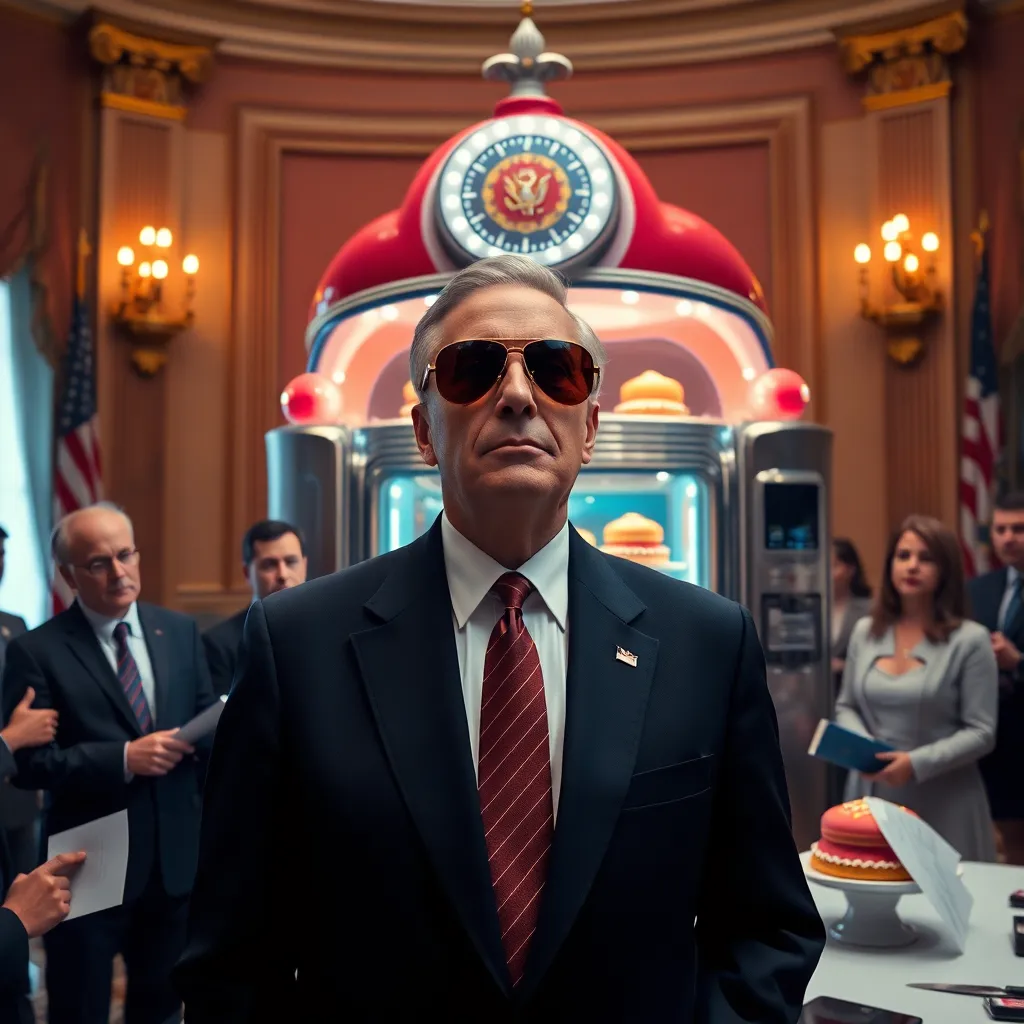 President-like statesman in aviator sunglasses standing before a whimsical futuristic dessert machine with glowing lights and pastries emerging, reporters and staff looking stunned, elegant government hall, surreal patriotic atmosphere