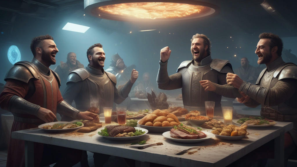 a group of heroes celebrating their victory with a feast, futuristic and whimsical, humorous and detailed, cinematic lighting, highly detailed, concept art