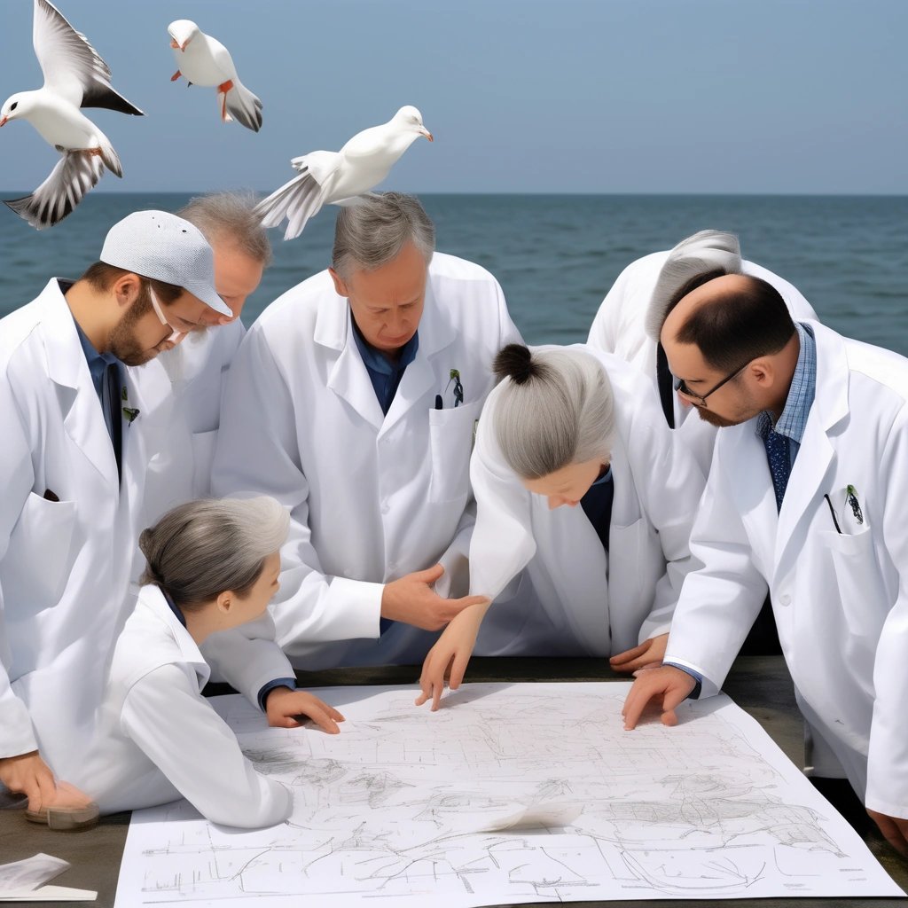 Ornithologists studying the seagull formation