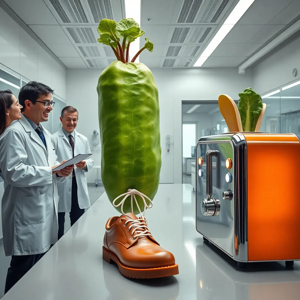 a sleek absurd laboratory where scientists examine giant vegetables, self-tying shoes, and a polite toaster with expressive lights, researchers in lab coats laughing and taking notes, bright editorial photography style, hyper-detailed
