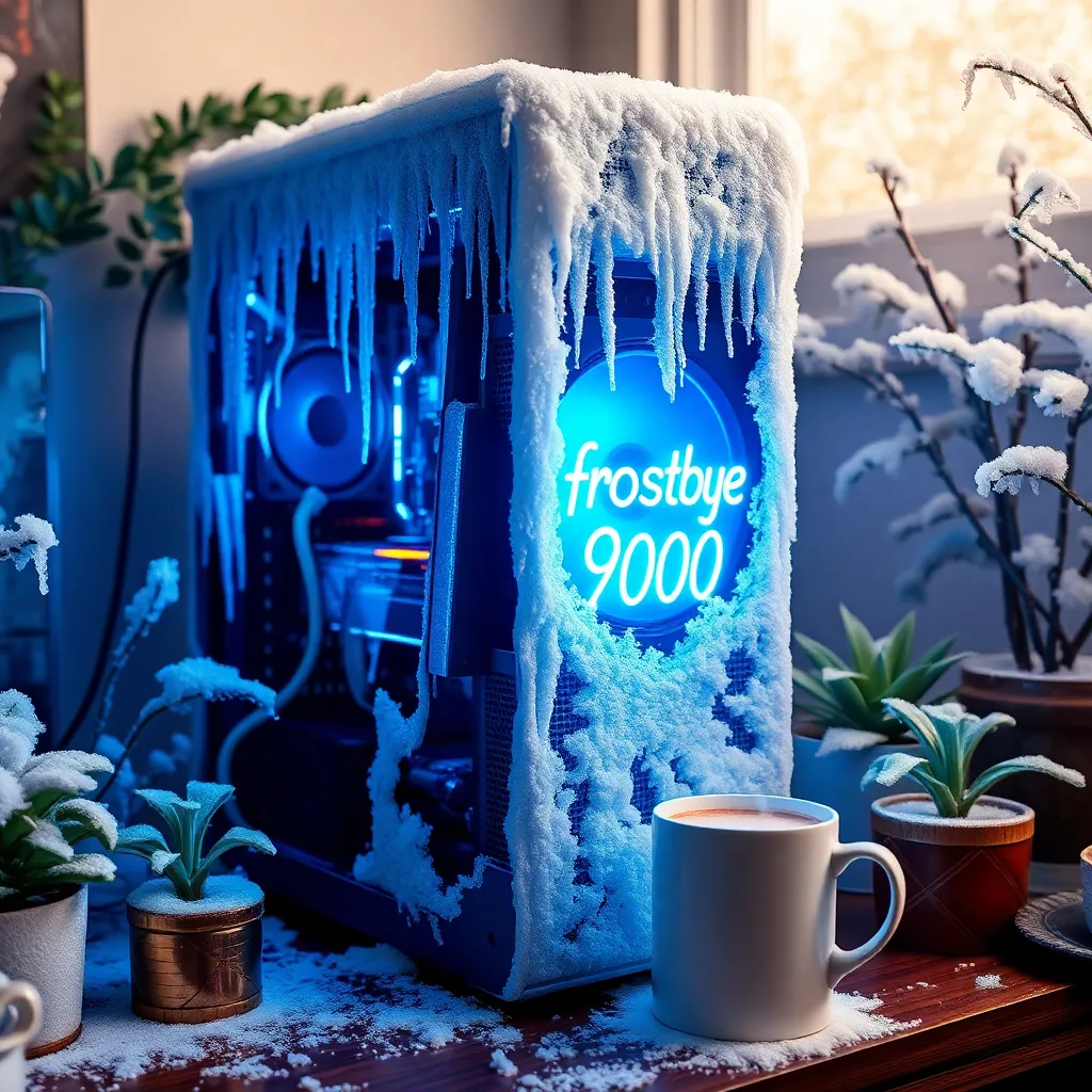 gaming PC tower covered in frost and icicles, no fans or coolers visible, surrounded by frozen potted plants and a steaming mug of cocoa on the desk, neon 'Frostbyte 9000' logo glowing blue