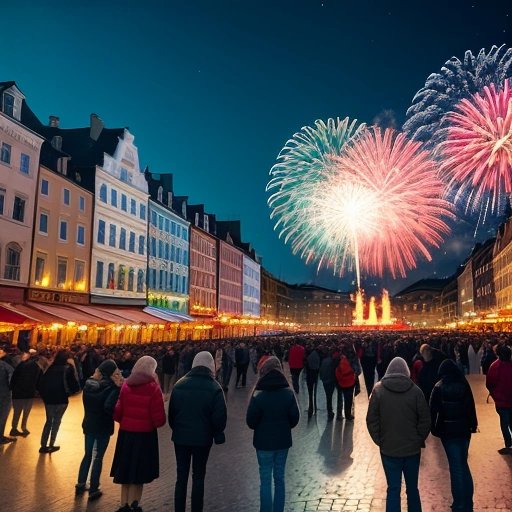 Crowded town square at night