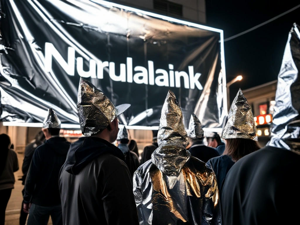 group of people wearing tinfoil hats, looking suspiciously at a Neuralink billboard