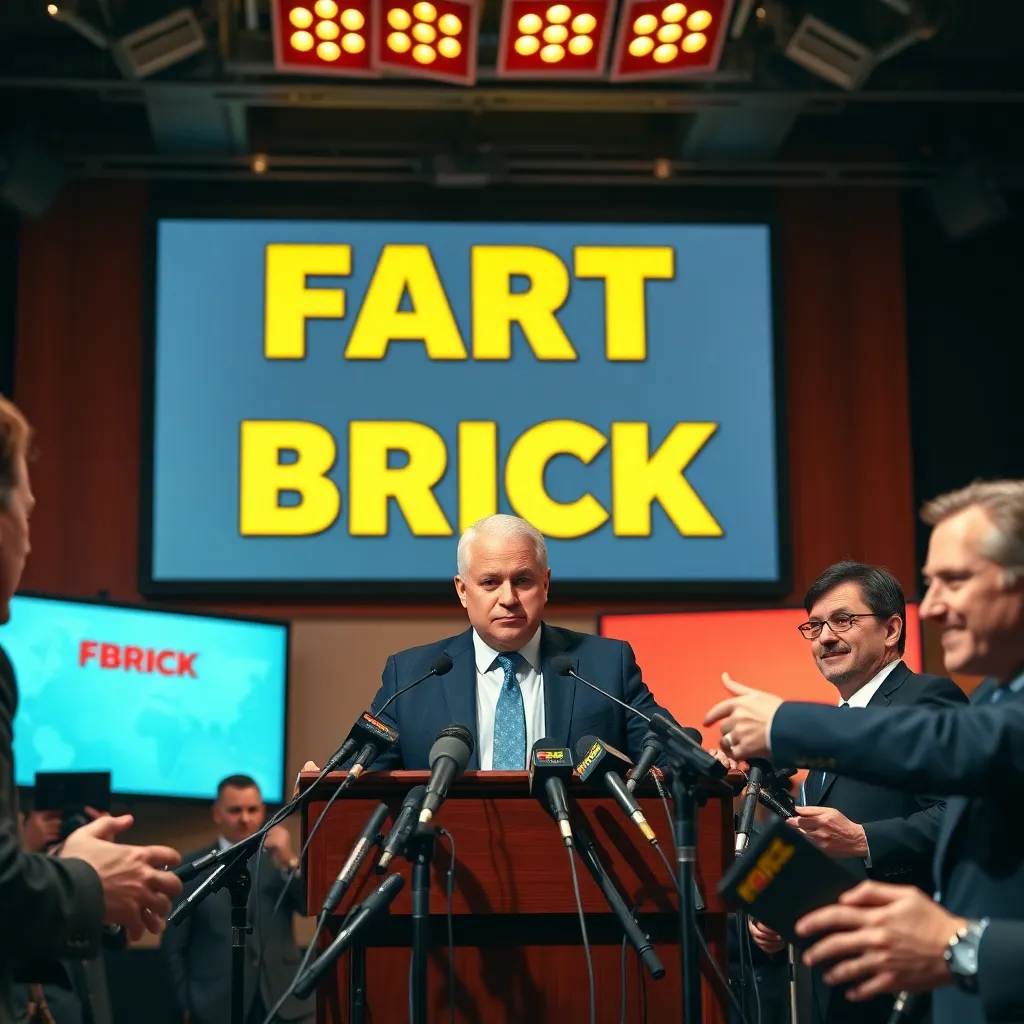 a solemn corporate press conference with a stressed executive at a podium, huge screen behind him displaying the words FART BRICK in bright cheerful toy branding, reporters trying not to laugh, microphones and cameras everywhere, realistic expressions, dramatic newsroom atmosphere, richly detailed