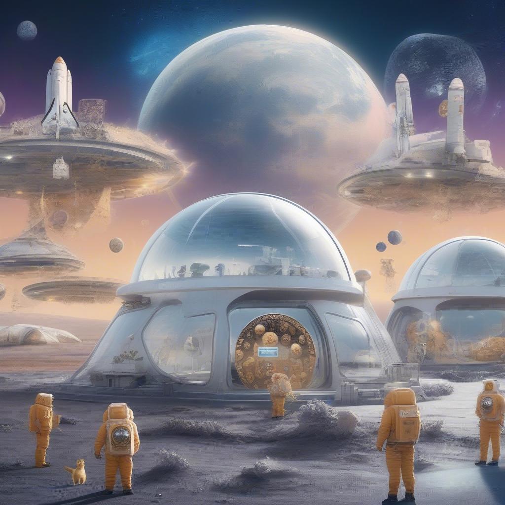 Futuristic moon base with glowing Dogecoin logos on domes, astronauts in suits covered in meme stickers, Earth visible in the sky