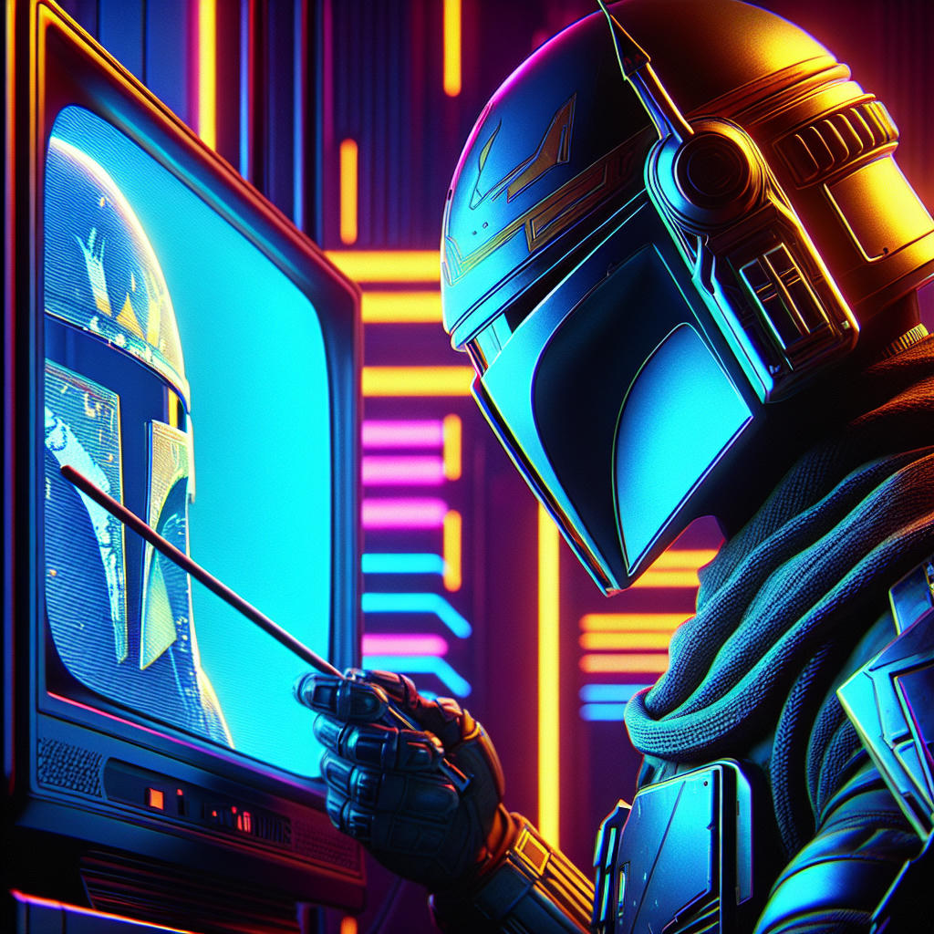 Um close-up do rosto do Mandaloriano, com o capacete levantado e um sorriso satisfeito no rosto, olhando para a tela da televisão, ambiente sombrio e iluminado por luzes de neon, estilo cyberpunk, detalhes intricados, 4k, HDR