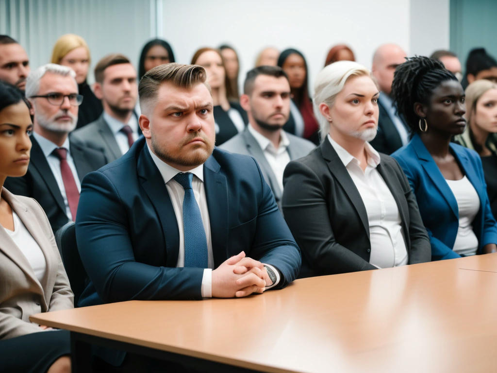 a far-right leader sitting in a modern conference room, surrounded by people of different ethnicities and ages, looking puzzled and out of place