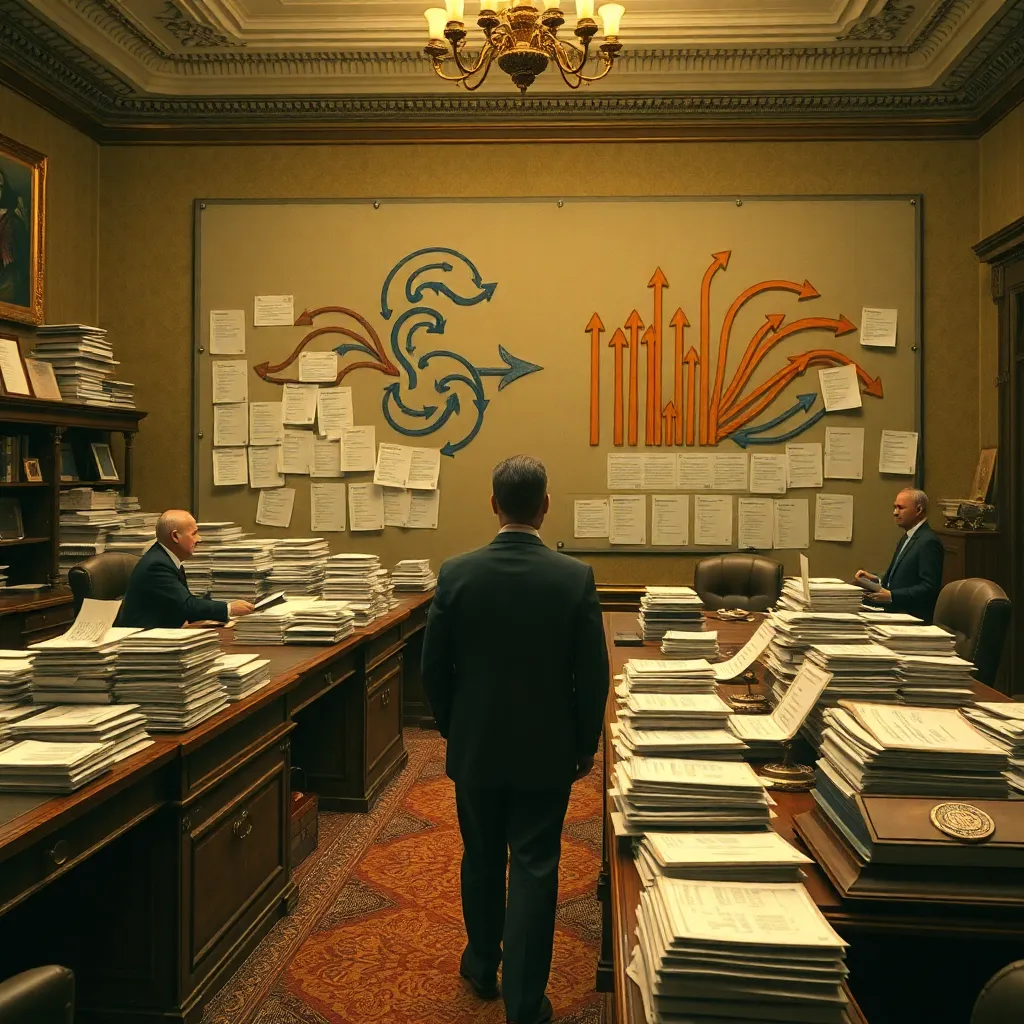 opulent absurd ministry office interior, piles of paperwork labeled vague ideas, bureaucrats stamping documents with glittery seals, one official staring heroically at a wall chart full of arrows going nowhere, lavish wood desks, surreal realism, warm dramatic light