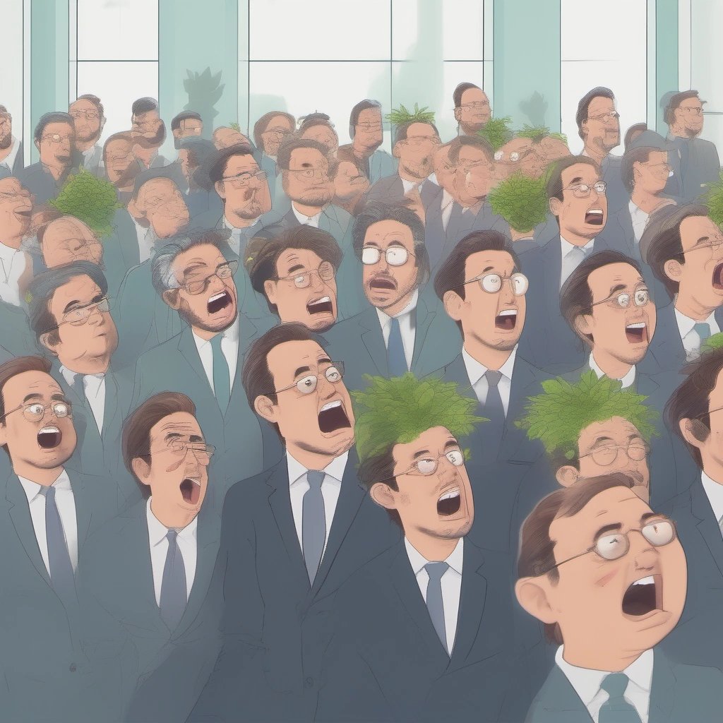 Investors with potted plants attending a shareholders' meeting