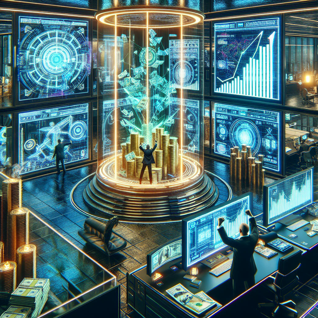 a futuristic office with a CEO celebrating success, stacks of money, holographic screens showing profits, high-tech environment, extremely detailed, photorealistic, cyberpunk aesthetic, intricate, high detail, art by midjourney