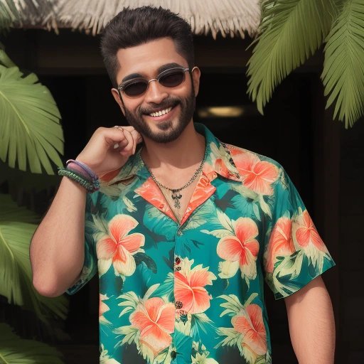 Person wearing Hawaiian shirt and cool bracelet