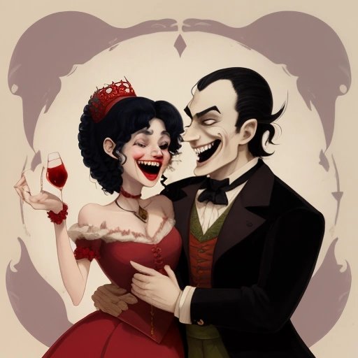 Whimsical illustration of the 'Dracula' characters laughing