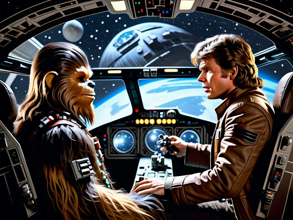 Chewbacca and Han Solo in the Millennium Falcon