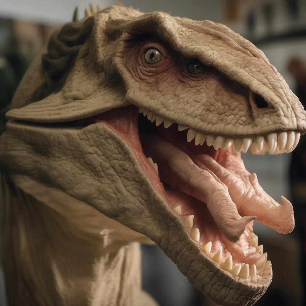 Close-up of a lifelike dinosaur puppet head