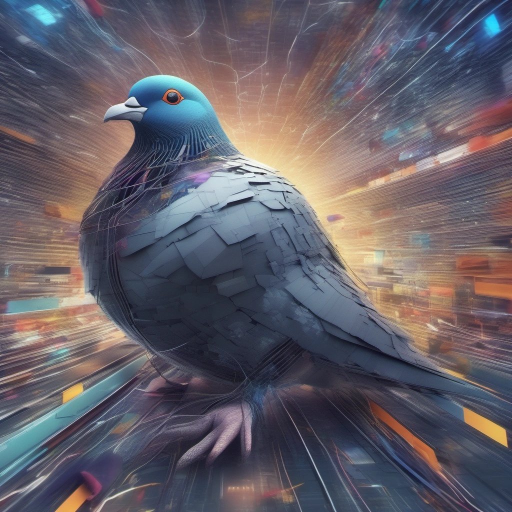 Superhero pigeon racing through digital landscape