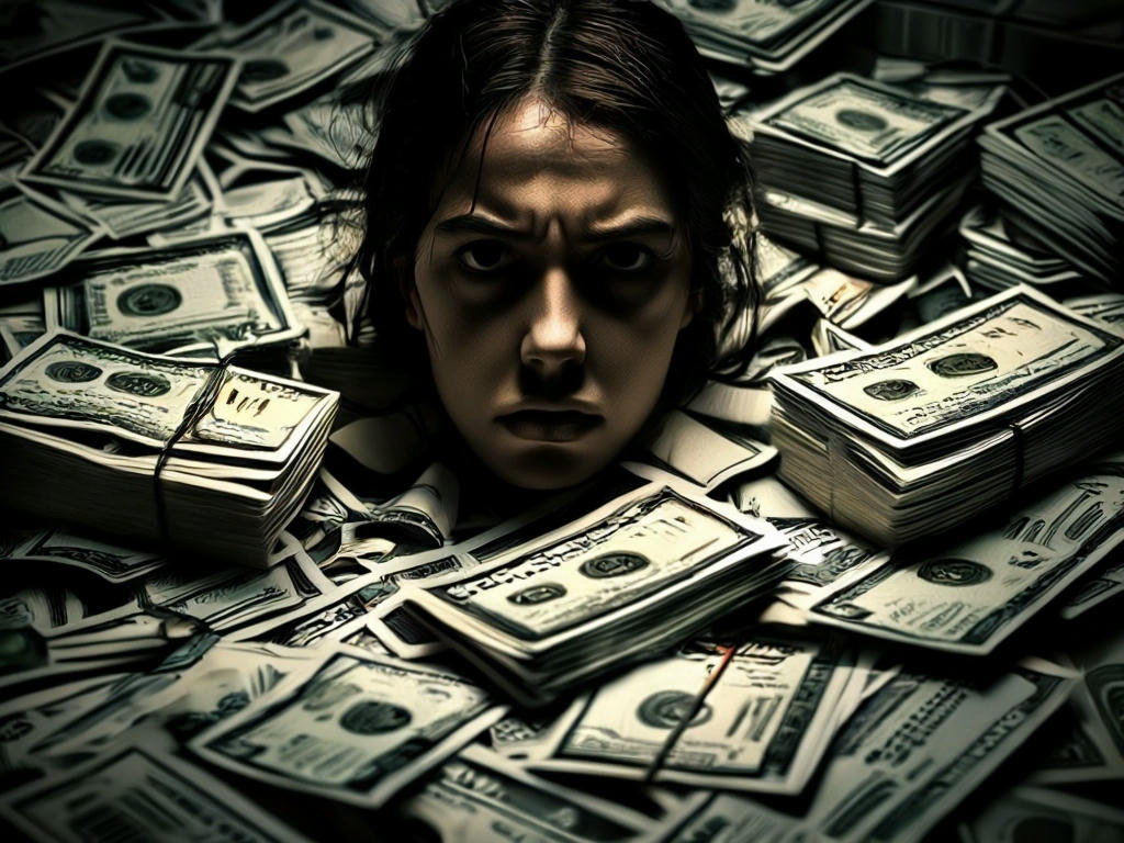 A dramatic illustration of a person trapped in a web of taxes, with Brazilian currency notes and tax forms swirling around, dark and ominous tone, high contrast, detailed